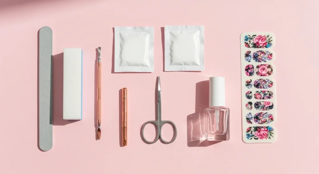 Nail Wraps: The Complete 2026 Guide (What They Are, Types & How to Use Them) 5 Flat lay image of essential nail wrap tools