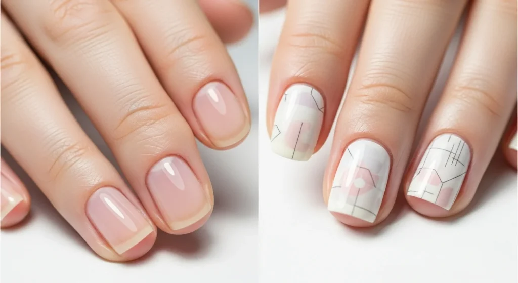 Nail Wraps: The Complete 2026 Guide (What They Are, Types & How to Use Them) 7 Soft, clean beauty image showing a healthy natural nail next to a nail with a perfectly applied wrap