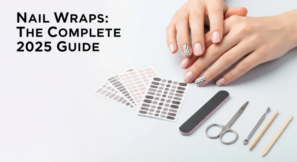 A realistic photo of a woman’s hand with neatly applied nail wraps resting on a clean white or pastel background. Next to the hand, place a few sheets of unused nail wrap stickers, a nail file, small scissors, and a cuticle pusher arranged neatly
