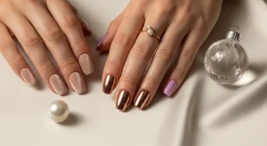 Flat lay of Velvet Chrome & Jelly Nails on satin background — 2025 textured nail trend inspiration