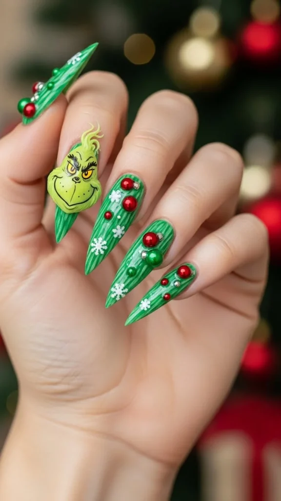 Grinch Nails: Festive Ideas, Designs & the Ultimate Christmas Nail Guide 20 long stiletto nails with 3D sculpted Grinch art, raised green fur textures, and bright red ornament accents