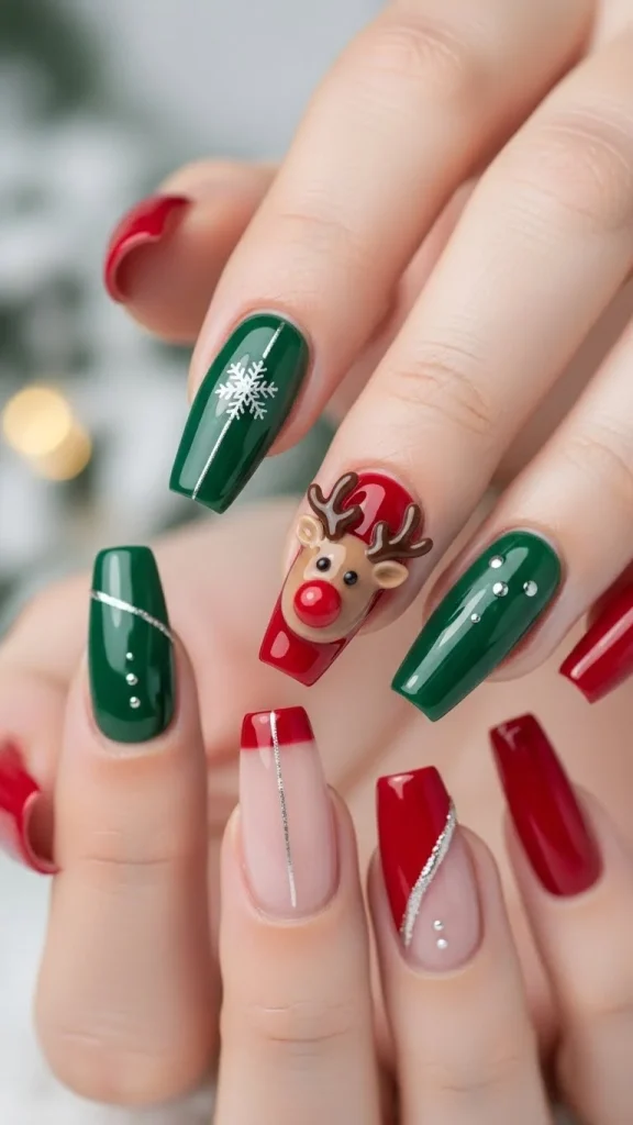 Reindeer Nails: 35 Charming Christmas Nail Designs Inspired by Rudolph, Winter Forests & Holiday Magic 29 long coffin nails with a single simple 3D reindeer accent featuring a raised red nose and smooth antlers.
