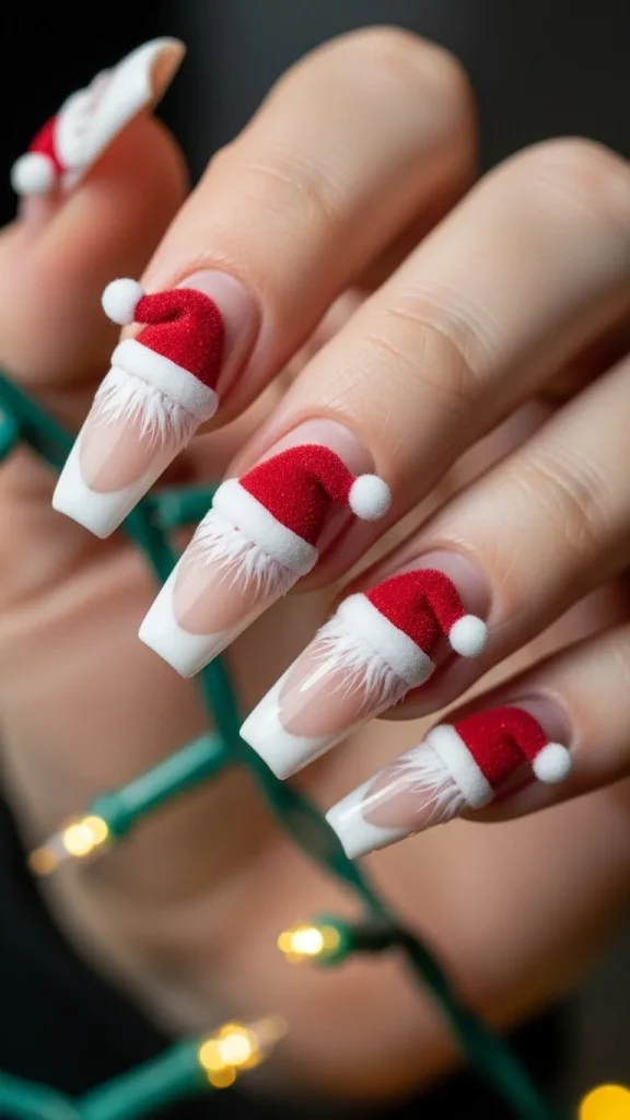 Santa Hat Nails: 25 Cute, Festive & Easy Christmas Nail Ideas🎄 25 3D Santa hat nails with fuzzy textured white fur trim and pom-poms, red velvet hat texture, long coffin nails