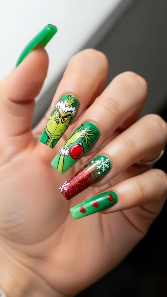 Grinch Nails: Festive Ideas, Designs & the Ultimate Christmas Nail Guide 31 Long acrylic coffin nails with green ombré base, featuring Grinch character art and red glitter accents