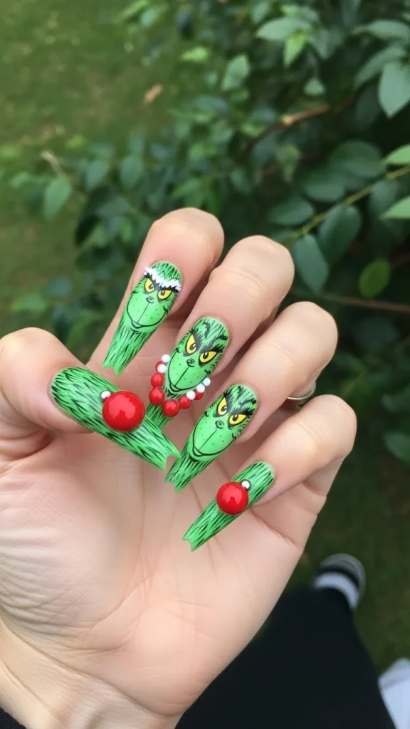 Grinch Nails: Festive Ideas, Designs & the Ultimate Christmas Nail Guide 29 Long stiletto nails with 3D sculpted Grinch faces, raised green acrylic fur texture, detailed facial features, and bright red ornament accents,