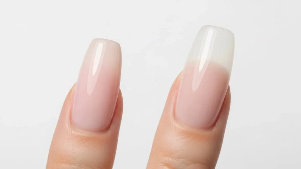 omparison of Gel-X nail versus acrylic nail, same length and shape.