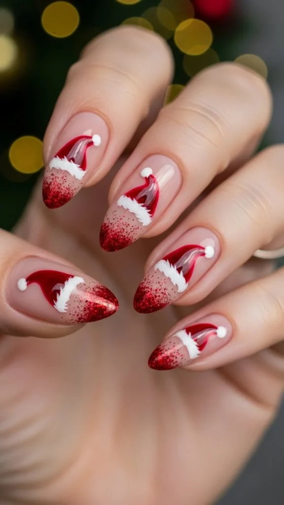 Santa Hat Nails: 25 Cute, Festive & Easy Christmas Nail Ideas🎄 12 Almond Santa hat nails with soft nude base, red pointed hat shapes following the nail curve, fluffy white trim