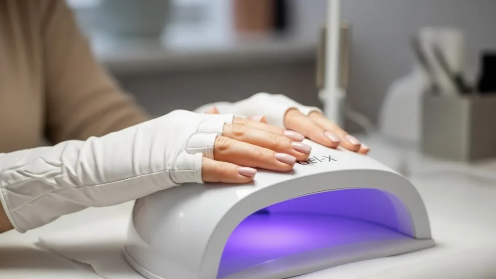 What Are Gel-X Nails? 4 professional image of hands curing Gel-X nails under LED lamp, person wearing fingerless UV-protective gloves