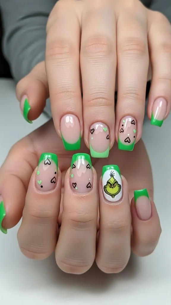 Grinch Nails: Festive Ideas, Designs & the Ultimate Christmas Nail Guide 27 medium nails with a neutral or milky base, simple green French tips, tiny red hearts, and one accent nail featuring a small Grinch silhouette sticker, finished with matte or glossy top coat