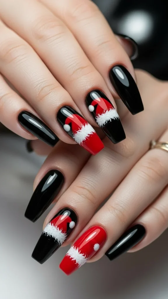 Santa Hat Nails: 25 Cute, Festive & Easy Christmas Nail Ideas🎄 20 Black Santa hat nails with bold black hats, fluffy white fur trim, glossy finish