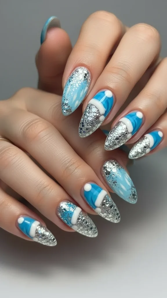 Santa Hat Nails: 25 Cute, Festive & Easy Christmas Nail Ideas🎄 19 Blue Santa hat nails with icy blue hat shapes, sparkling white fur trim, silver glitter accent
