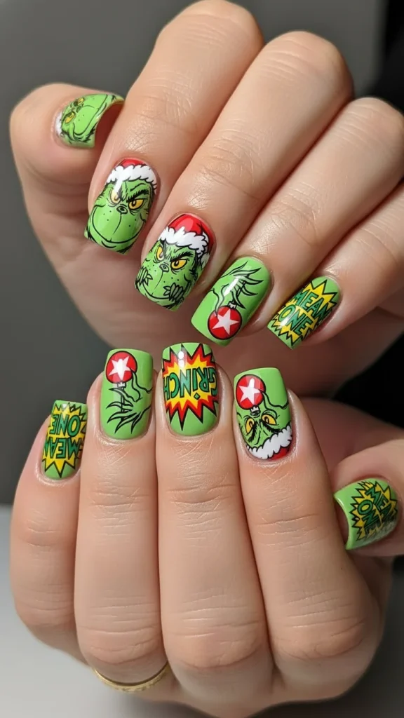Grinch Nails: Festive Ideas, Designs & the Ultimate Christmas Nail Guide 23 Glossy short square nails with pop-art Grinch artwork—heavy black outlines, punchy green fills, crisp comic-style detailing.