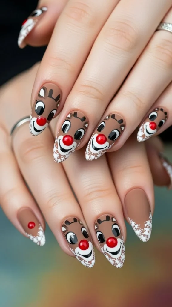 Reindeer Nails: 35 Charming Christmas Nail Designs Inspired by Rudolph, Winter Forests & Holiday Magic 2 Classic Rudolph reindeer nail art on medium almond nails, soft brown reindeer face with big eyes and glossy red nose, white snowy accents