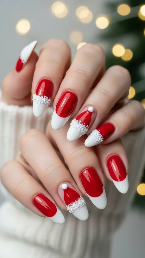 Santa Hat Nails: 25 Cute, Festive & Easy Christmas Nail Ideas🎄 2 Medium almond nails with classic Santa hat nail art, featuring vivid red triangle hats with fluffy white trim and tiny white pom-pom tips, glossy finish
