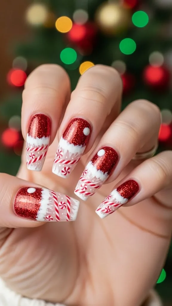Santa Hat Nails: 25 Cute, Festive & Easy Christmas Nail Ideas🎄 13 Coffin Santa hat nails with red glitter hats, fluffy textured white trim, candy cane accent stripes