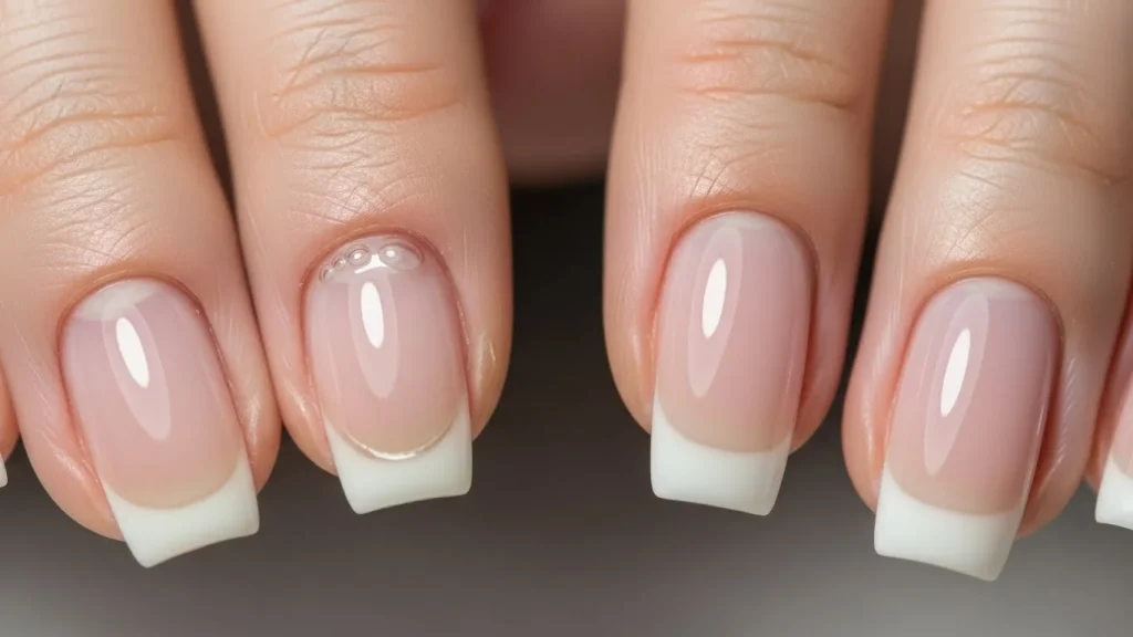 What Are Gel-X Nails? 5 Gel-X nail lifting near cuticle on one nail next to properly applied Gel-X nail