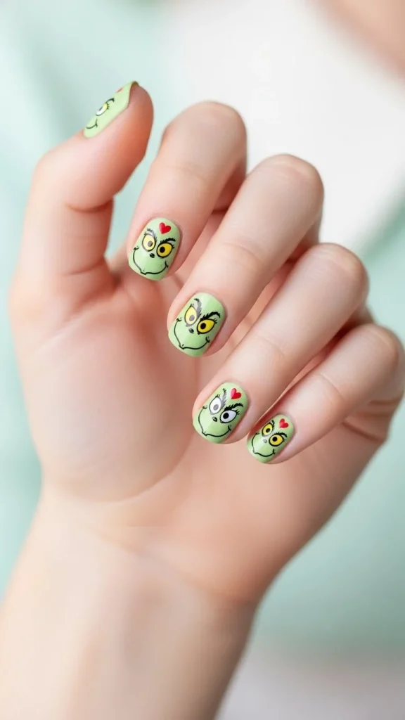 Grinch Nails: Festive Ideas, Designs & the Ultimate Christmas Nail Guide 24 Short round kids’ nails in pastel green with a cute Grinch face, big cartoon eyes, and small red hearts, shown with non-toxic polish