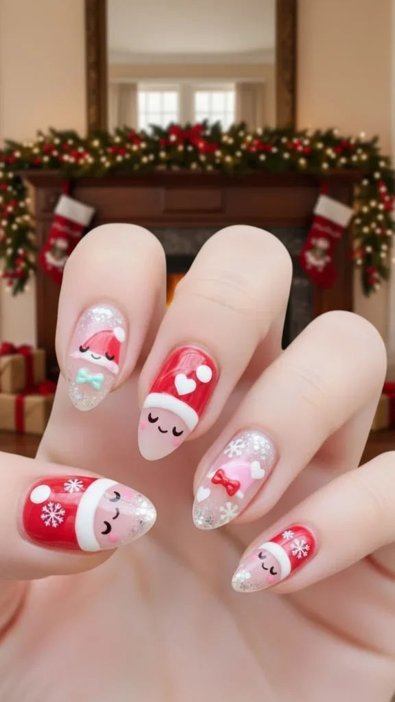 Santa Hat Nails: 25 Cute, Festive & Easy Christmas Nail Ideas🎄 5 Short almond nails with kawaii Santa hat nail art in pastel red and pink tones, featuring soft rounded hat shapes, tiny hearts, and cute accents,