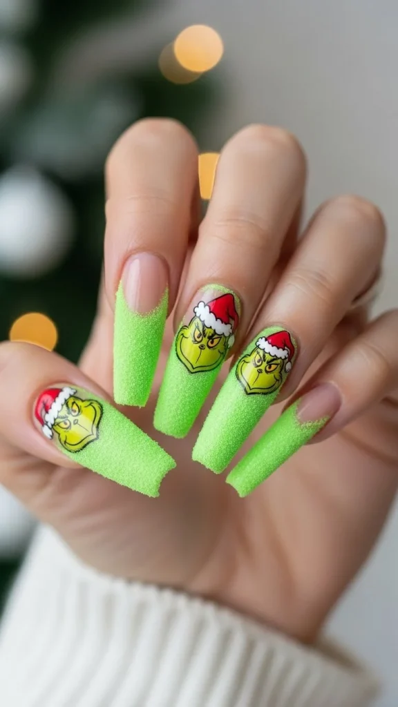 Grinch Nails: Festive Ideas, Designs & the Ultimate Christmas Nail Guide 11 “Minimal furry-texture Grinch nails using neon green flocking, clean silhouette edges, soft Christmas ornaments blurred in background.”