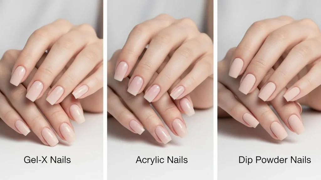 What Are Gel-X Nails? 3 nail comparison showing Gel-X nails, acrylic nails, and dip powder nails on three hands