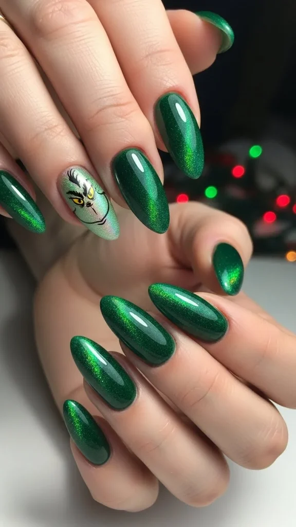 Grinch Nails: Festive Ideas, Designs & the Ultimate Christmas Nail Guide 6 Deep emerald cat-eye nails with radiant shifting shimmer. Single nail showcases a small Grinch face accent. Soft-focus Christmas lights create a subtle festive glow in the background.
