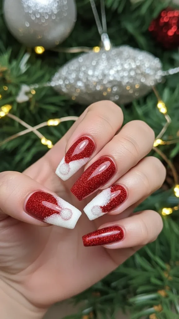 Santa Hat Nails: 25 Cute, Festive & Easy Christmas Nail Ideas🎄 4 Medium coffin nails with sparkling red glitter Santa hat designs, featuring white sugar-glitter trim, shown in a festive Christmas background