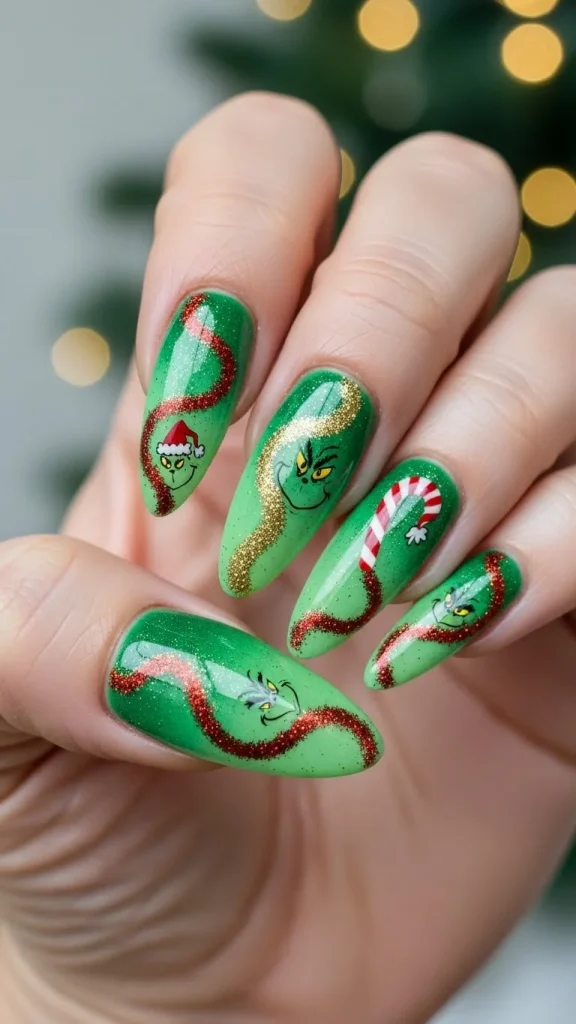 Grinch Nails: Festive Ideas, Designs & the Ultimate Christmas Nail Guide 26 Long glossy nails with green ombré and swirling glitter lines, featuring an abstract Grinch-inspired design,