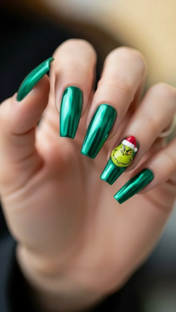 Grinch Nails: Festive Ideas, Designs & the Ultimate Christmas Nail Guide 16 Long coffin-shaped nails painted in reflective emerald-green chrome finish, with one accent nail displaying a stylized Grinch face; nails shine under glowing ornament-style holiday lighting.