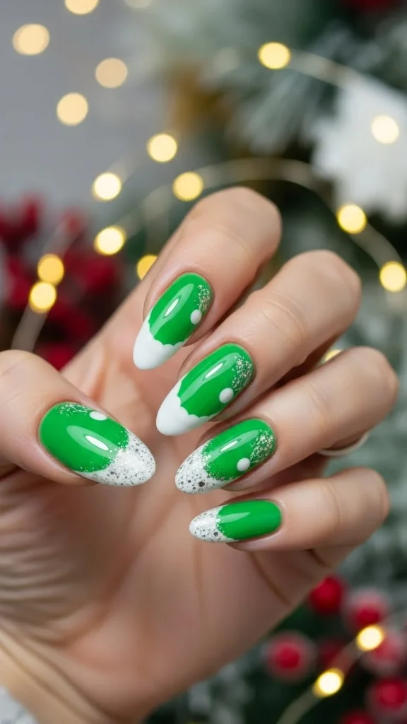 Santa Hat Nails: 25 Cute, Festive & Easy Christmas Nail Ideas🎄 21 Green Santa hat nails in bright lime or emerald tones, fluffy white trim, glitter accents,