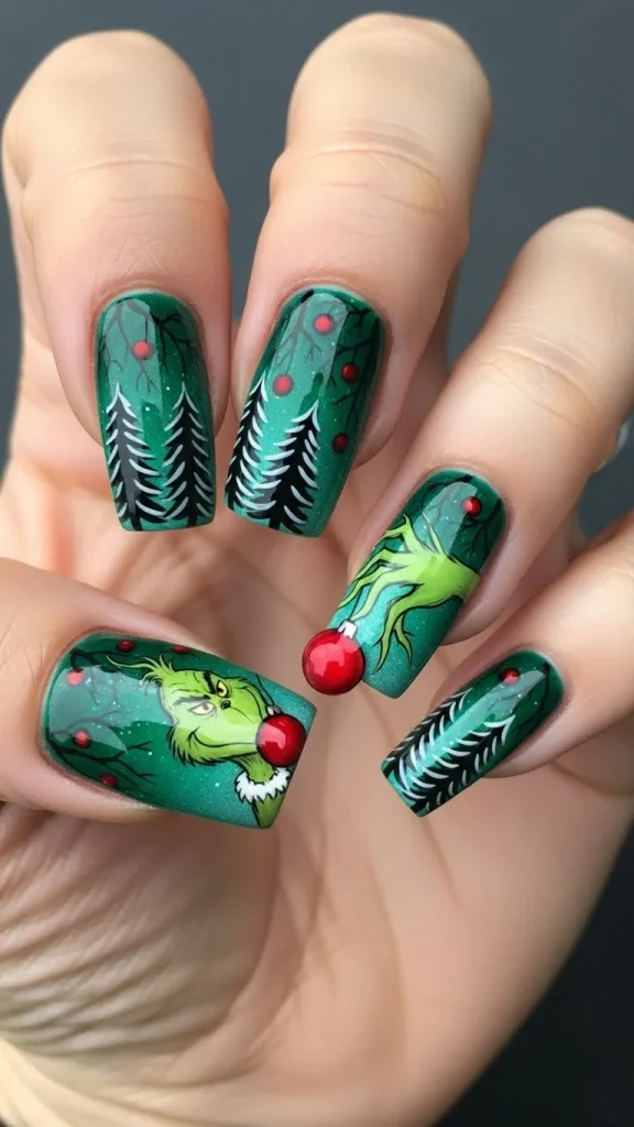 Grinch Nails: Festive Ideas, Designs & the Ultimate Christmas Nail Guide 15 Grinch Christmas tree scene nails with deep green ombré background; small red ornaments; Grinch hand stealing a bauble; glossy long nails;