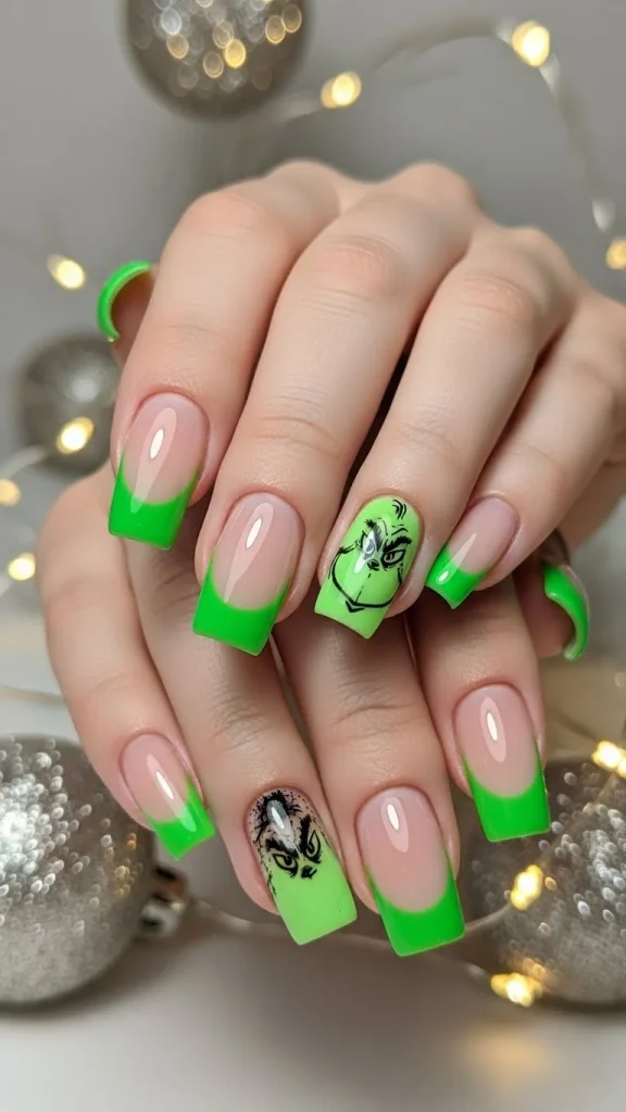 Grinch Nails: Festive Ideas, Designs & the Ultimate Christmas Nail Guide 14 Minimal green French tips with tiny black Grinch silhouette on one nail, glossy finish, soft golden Christmas lights behind.