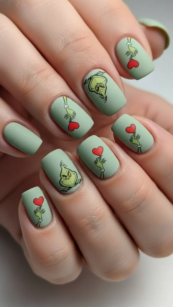 Grinch Nails: Festive Ideas, Designs & the Ultimate Christmas Nail Guide 8 short nails shows soft muted green base. Tiny red heart accent on each nail with grinch.