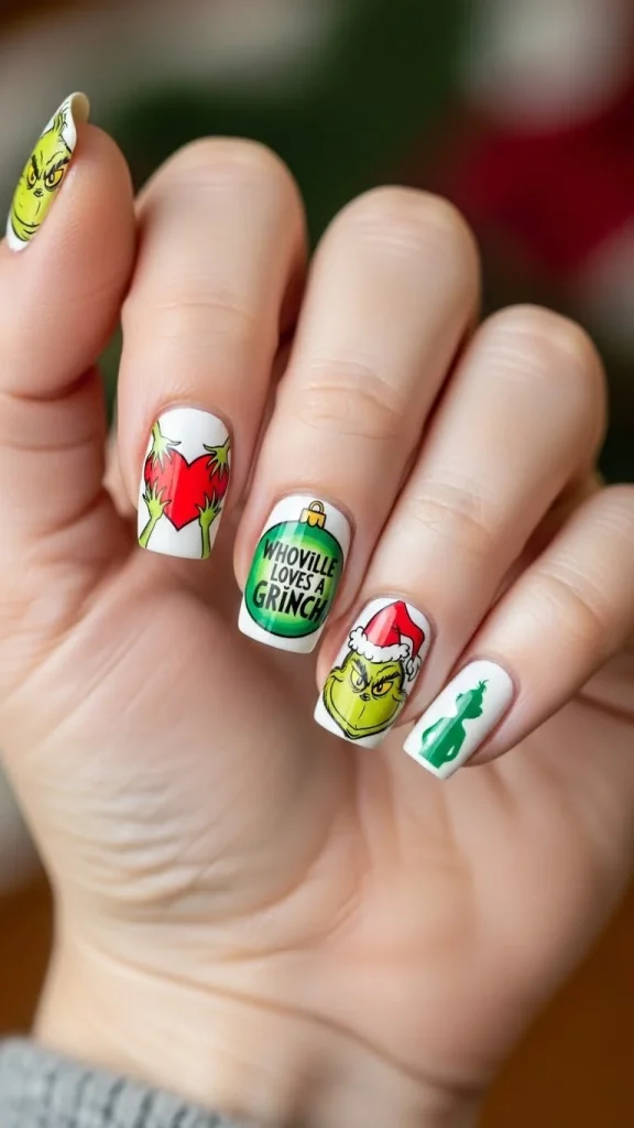Grinch Nails: Festive Ideas, Designs & the Ultimate Christmas Nail Guide 33 Grinch-themed nail stickers with cartoon faces, hearts, and ornaments on glossy nails.