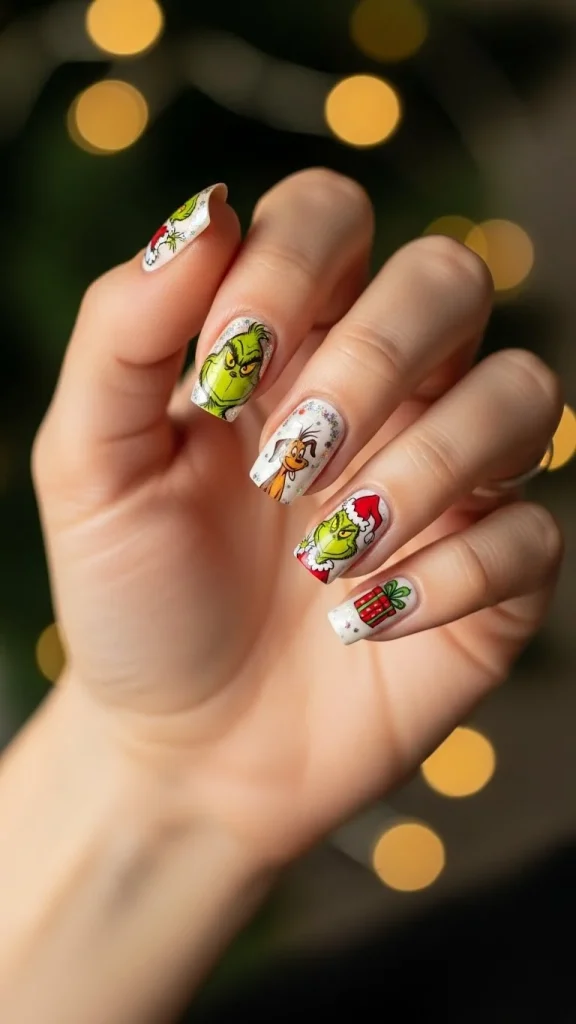 Grinch Nails: Festive Ideas, Designs & the Ultimate Christmas Nail Guide 34 Short square nails with beginner-friendly Grinch nail wraps, glossy finish,