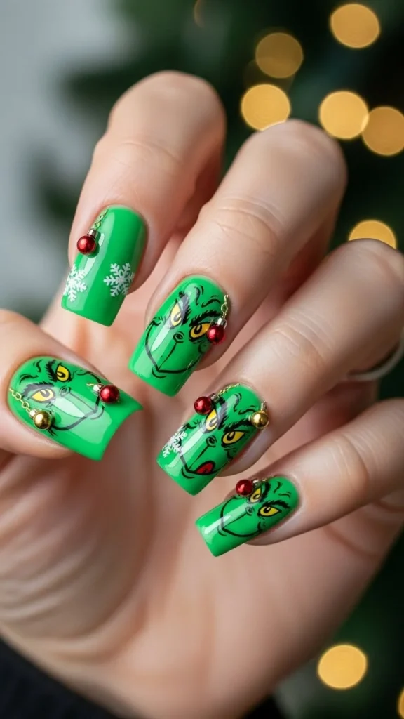 Grinch Nails: Festive Ideas, Designs & the Ultimate Christmas Nail Guide 30 Medium square nails painted in green gel with a glossy finish, featuring tiny red ornaments and crisp black cartoon-style Grinch details, shown against soft holiday bokeh lighting.
