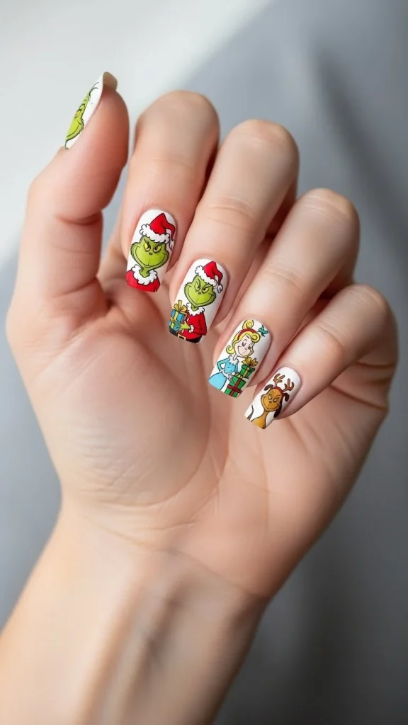 Grinch Nails: Festive Ideas, Designs & the Ultimate Christmas Nail Guide 21 Nails with smoothly applied Grinch nail wraps showing crisp cartoon designs,