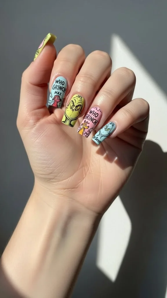 Grinch Nails: Festive Ideas, Designs & the Ultimate Christmas Nail Guide 22 Medium square nails with Dr. Seuss-style Grinch storybook art featuring hand-drawn sketch lines, pastel shading, and a matte finish