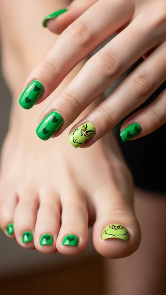 Grinch Nails: Festive Ideas, Designs & the Ultimate Christmas Nail Guide 19 Grinch-themed toe nail art featuring a simple Grinch face on the big toe and tiny green hearts on the other toes,