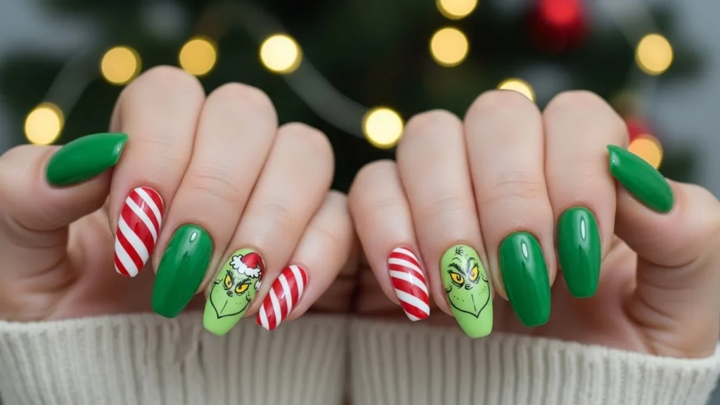 Christmas Grinch nail art with green nails, a cute Grinch face accent, and red-and-white candy cane details, shown with soft glowing Christmas lights in the background.