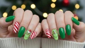 Christmas Grinch nail art with green nails, a cute Grinch face accent, and red-and-white candy cane details, shown with soft glowing Christmas lights in the background.