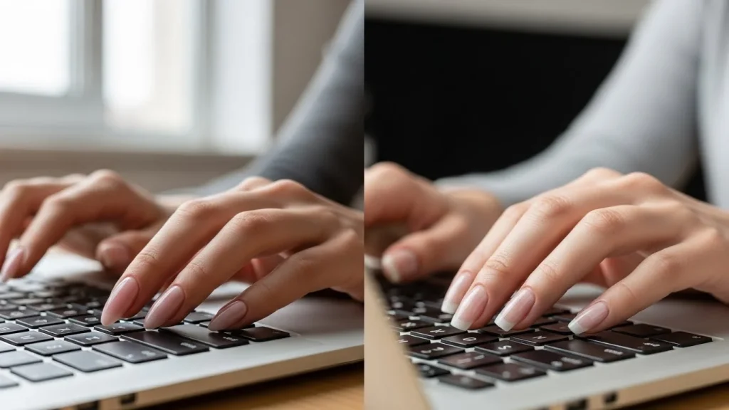 comparison of hands typing on a laptop, one with Gel-X nails and one with acrylic nails