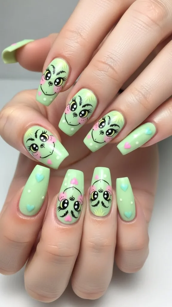 Grinch Nails: Festive Ideas, Designs & the Ultimate Christmas Nail Guide 4 hand with fingers gently spread apart to showcase kawaii pastel Grinch nail art, featuring soft round shapes, big sparkling cartoon eyes, light blush cheeks, pastel green tones, and tiny heart accents for a cute Christmas look.