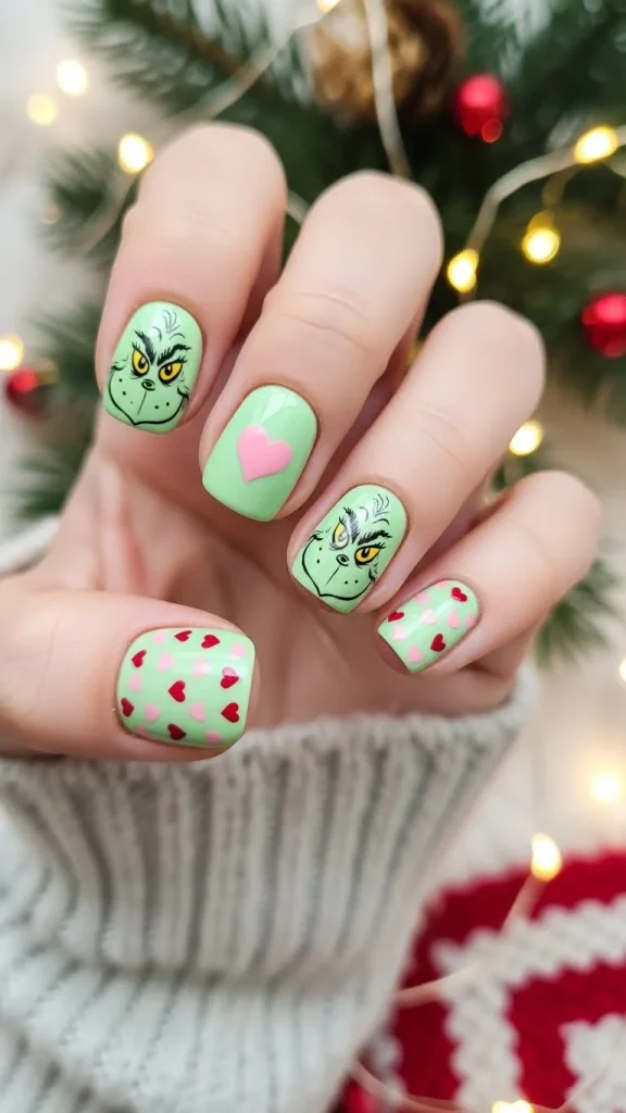 Grinch Nails: Festive Ideas, Designs & the Ultimate Christmas Nail Guide 35 Short rounded kids’ nails painted in pastel green with cute Grinch eyes and tiny hearts, shown against a warm cozy holiday background.