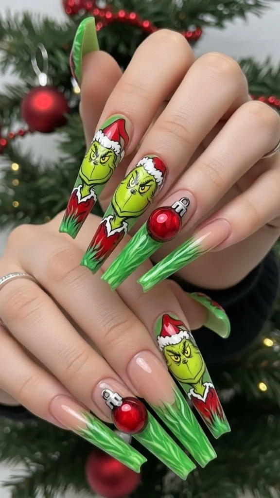 Grinch Nails: Festive Ideas, Designs & the Ultimate Christmas Nail Guide 12 Long minimal stiletto nails with clean Grinch illustrations, simple green highlights, subtle red ornament detail, dramatic Christmas lighting.