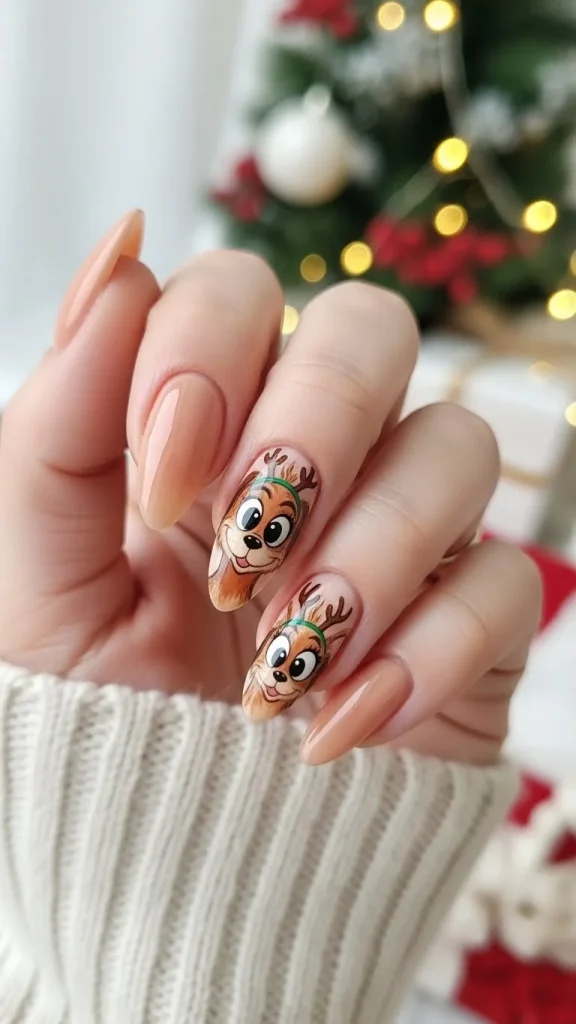Grinch Nails: Festive Ideas, Designs & the Ultimate Christmas Nail Guide 10 Medium almond nails with one nail featuring Max the dog from the Grinch in warm brown tones, wearing a small antler headband. Smooth glossy finish with softly blurred cozy Christmas décor and gentle holiday lights in the background.