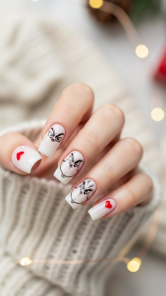 Grinch Nails: Festive Ideas, Designs & the Ultimate Christmas Nail Guide 5 Medium square nails with a milky-white base featuring thin black line-art Grinch eyes on accent nails and a tiny red heart detail, finished in soft matte gloss against a cozy neutral holiday background.