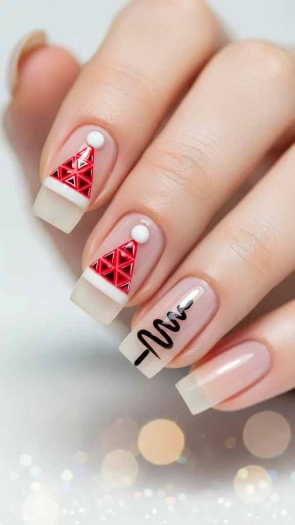 Santa Hat Nails: 25 Cute, Festive & Easy Christmas Nail Ideas🎄 6 Minimalist Santa hat nail art on a milky white base, featuring tiny red triangle hats with thin black outlines and small white dot pom-poms, shown with a smooth matte finish