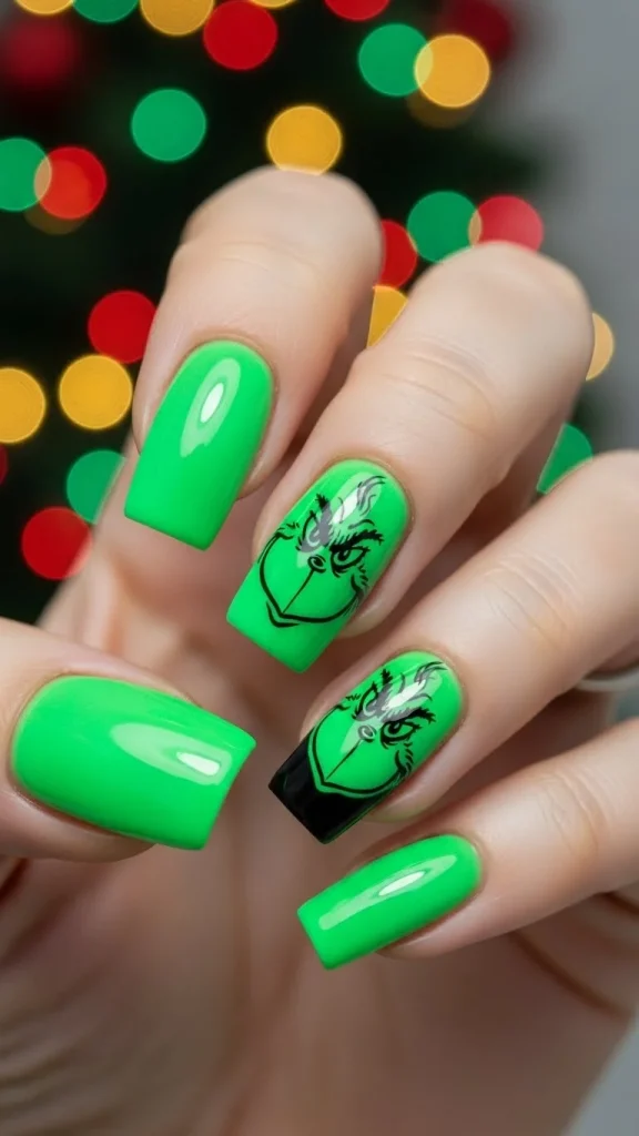 Grinch Nails: Festive Ideas, Designs & the Ultimate Christmas Nail Guide 9 Bright neon green nails with high-contrast Grinch outlines, playful and bold holiday manicure, glossy finish, fun festive vibe.