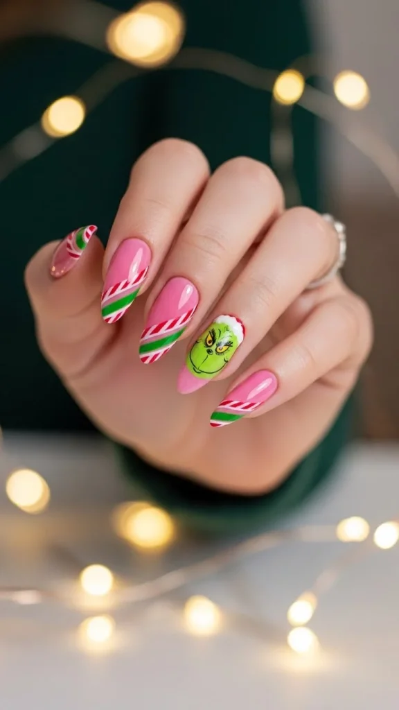 Grinch Nails: Festive Ideas, Designs & the Ultimate Christmas Nail Guide 18 Medium almond nails in pink and green with candy-striped accents and a cute Grinch face design, shown with a soft glossy finish