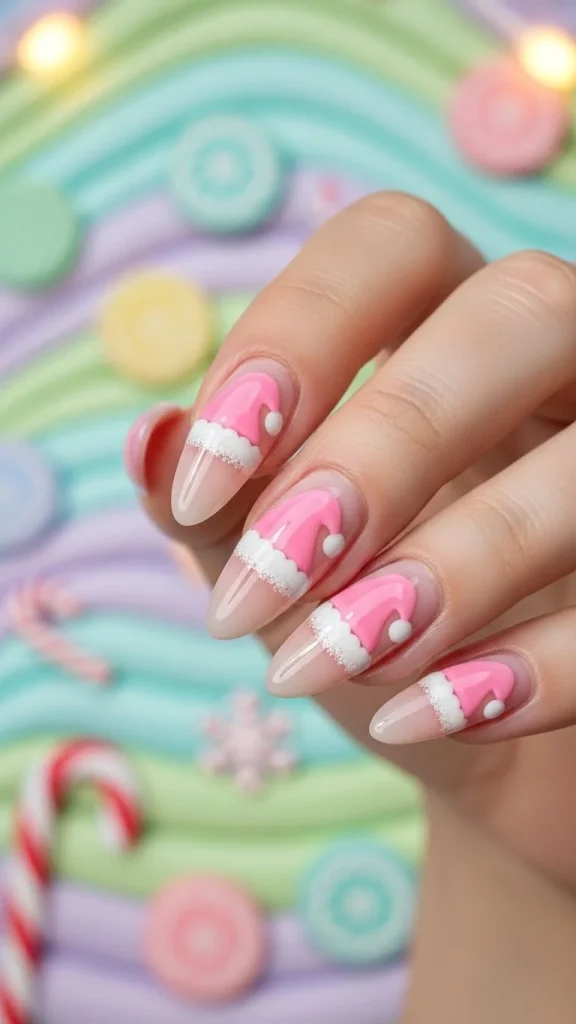 Santa Hat Nails: 25 Cute, Festive & Easy Christmas Nail Ideas🎄 9 Pink Santa hat nails with pastel pink hat shapes, white glitter trim, glossy finish, medium almond nails, whimsical candy-colored Christmas background